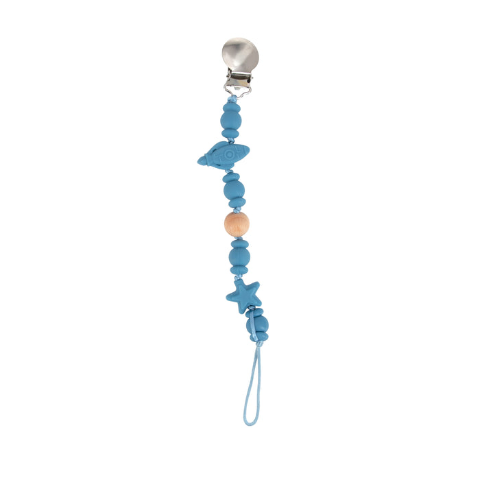 The Silicone and Wood Beaded Pacifier Clip features blue silicone and wooden beads in rocket and star shapes, a metal clasp, and a loop—perfect for holding your pacifier securely with style.