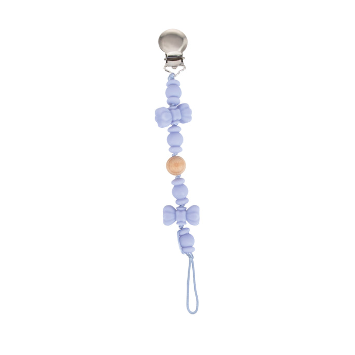 The Silicone and Wood Beaded Pacifier Clip has light purple silicone and wooden beads, a metal clasp, and a loop end for easy attachment.