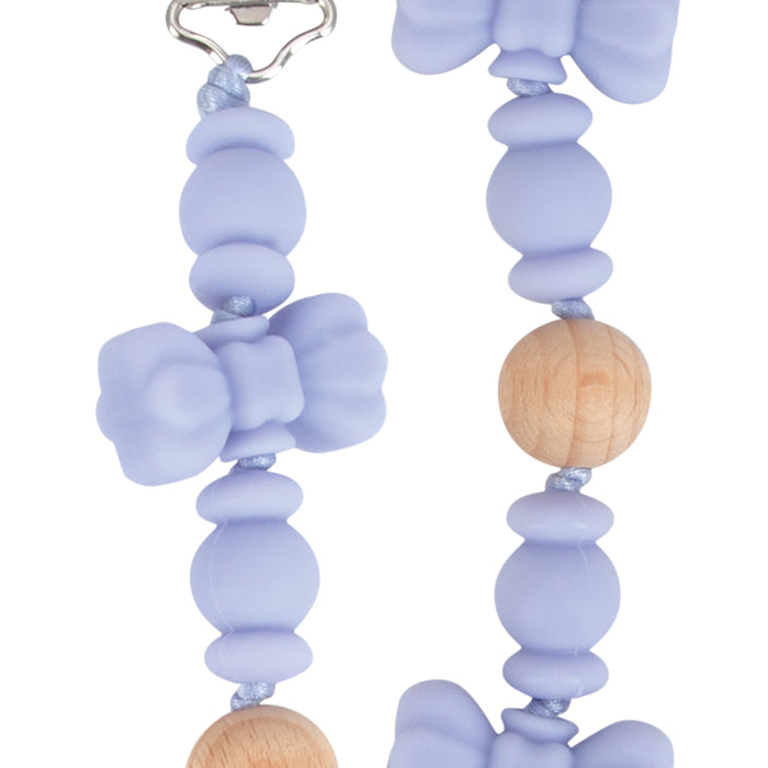 The Silicone and Wood Beaded Pacifier Clip features light purple silicone and bow-shaped wooden beads on a cord with a metal clip—stylish and perfect for keeping your baby's pacifier secure.