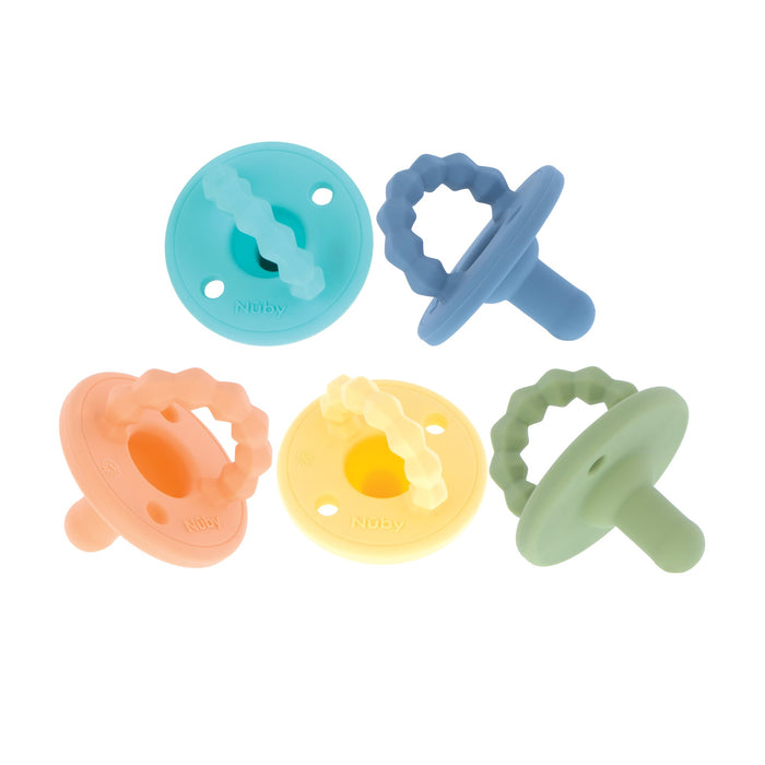 The Silicone Softees Pacifier & Teether (5 Pack) includes pastel peach, blue, yellow, green, and purple pacifiers with textured ring handles, ideal for soothing babies and doubling as gentle teethers.