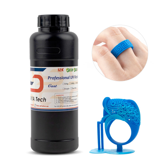 castable resin for jewelry 1kg true blue bottle with 3D printed ring on finger and wax-up
