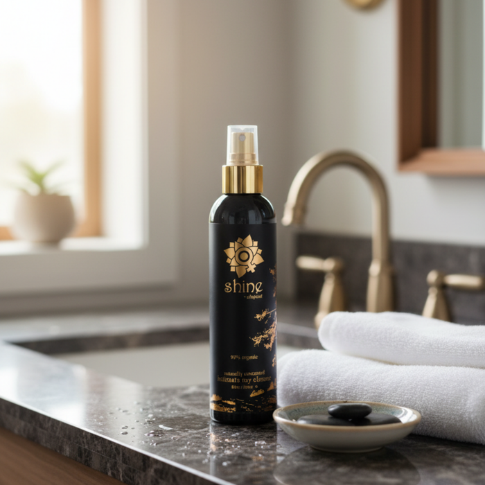Lifestyle bathroom shot of the Sliquid Shine organic toy cleaner spray bottle in black with gold accents, standing on a granite countertop next to rolled white towels and a small dish of spa stones.