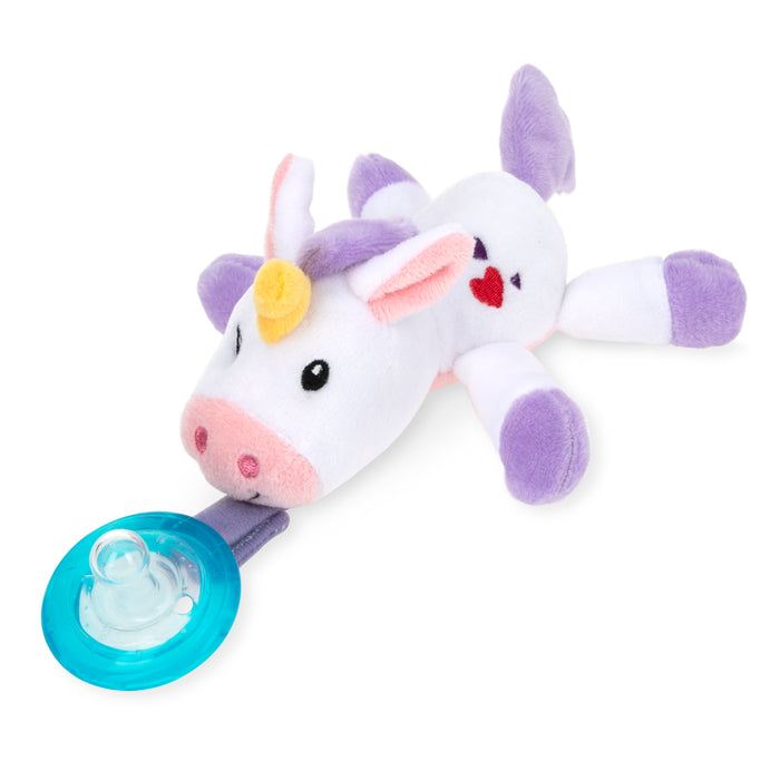 The Snuggleez Pacifier and Clip Combo Set features a plush unicorn toy with purple and white fur, a yellow horn, and a red heart on its side, attached to a natural FLEX pacifier—perfect for soothing babies aged 0-6 months.