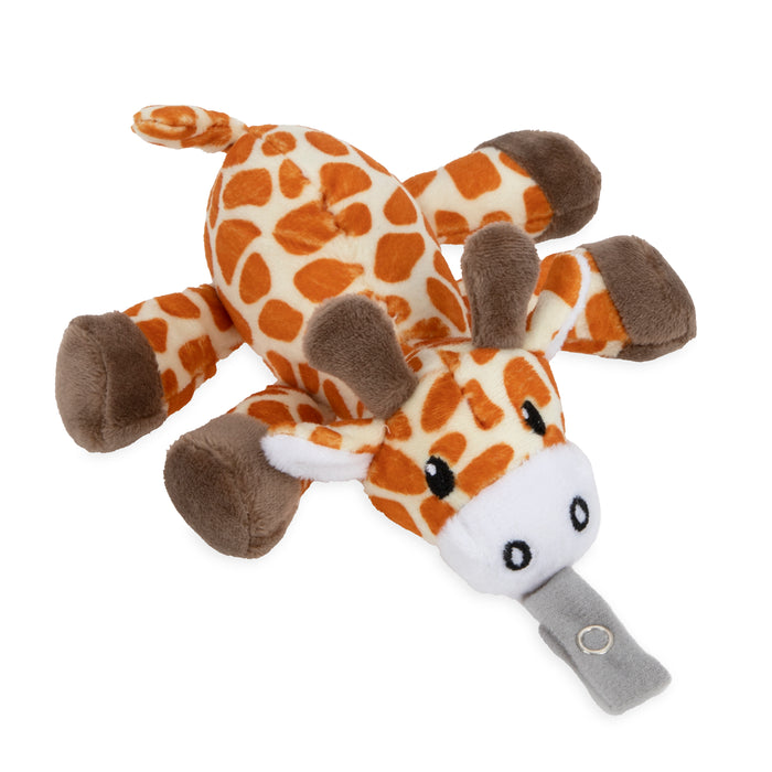 The Snuggleez Pacifier and Clip Combo Set features a plush giraffe toy with brown spots, light brown hooves, and a gray FLEX pacifier holder. Ideal for ages 0-6 months, it soothes baby’s gums while lying on its side with spread legs.