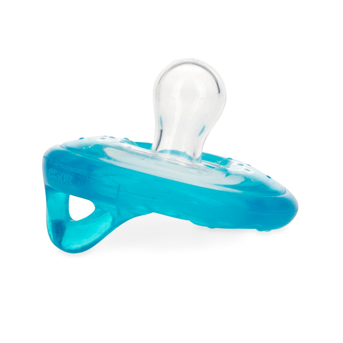 The Snuggleez Pacifier and Clip Combo Set features a blue and clear natural FLEX pacifier with a silicone nipple, designed to soothe baby’s gums. Shown against a white background. Suitable for ages 0-6 months.
