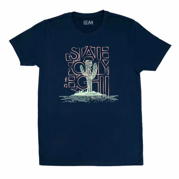 Navy State Forty Eight Saguaro Party Tee featuring a stylized cactus and desert scene.