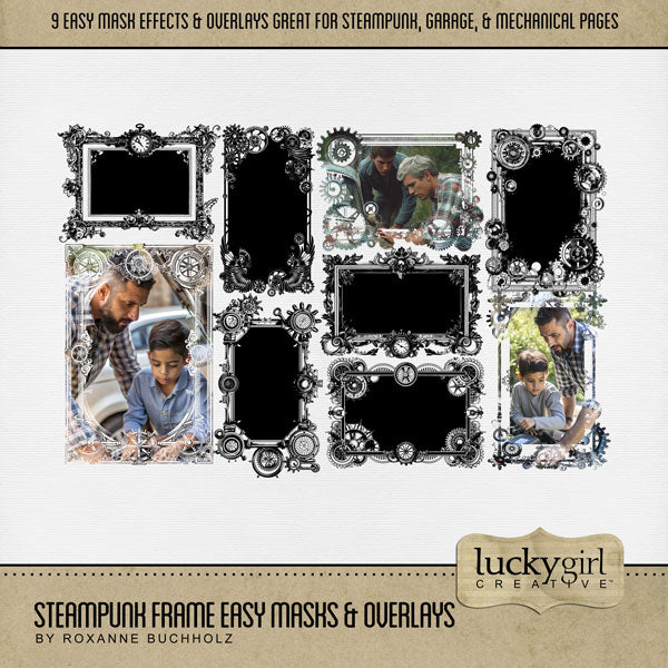 With 9 unique designs, these decorative gear photo masks by Lucky Girl Creative digital art are supplied as both standard and inverse embellishment overlays for maximum flexibility. Fill with color, paper, or your favorite photo to create a one-of-a-kind image. Perfect for documenting steampunk conventions, anyone who loves building gadgets, tinkering in the garage, visits to the museum, and vintage family history pages. In Photoshop, drop the photo mask on your page, overlay with your favorite photo.