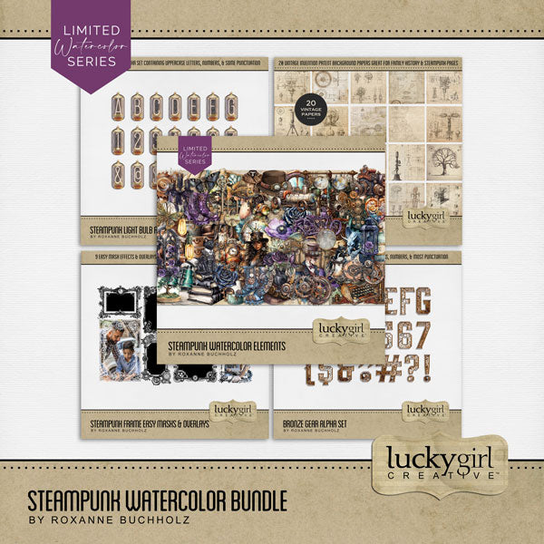 Travel through a retro-futuristic subgenre of science fiction with these industrial inspired steampunk digital scrapbooking watercolor embellishments, papers, photo masks, and 2 alpha sets by Lucky Girl Creative digital art. Filled with mechanical gears, futuristic yet retro embellishments and machines, invention patent papers, and more, this bundle is perfect for documenting punk rock, cosplay or steampunk conventions, or anyone who loves building gadgets, tinkering in the garage, visits to the museum.