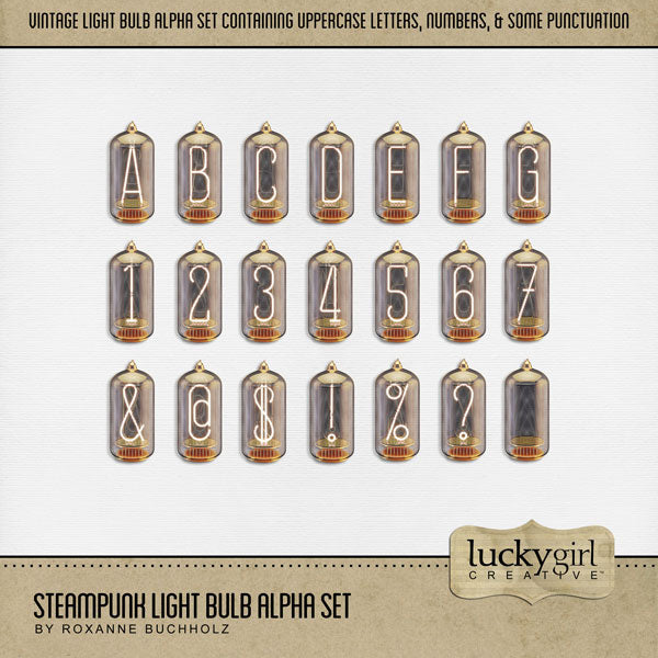 These vintage lightbulb alphabet and number digital scrapbooking embellishments by Lucky Girl Creative digital art are easy to use for everyday digital scrapbook page titles and inspired by the Steampunk movement. Use for documenting punk rock, cosplay or steampunk conventions, or anyone who loves building gadgets, tinkering in the garage, visits to the museum, and steam punk contraptions. The Steampunk Light Bulb Alpha Set consists of a full set of digital art uppercase alphabet letters and numbers.
