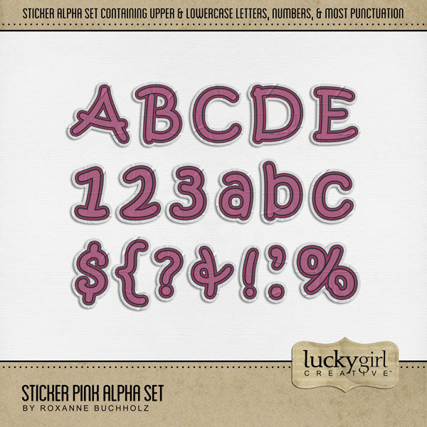 Add these fun, children's sticker letters, numbers, and punctuation by Lucky Girl Creative digital art to all your digital scrapbooking pages and mix-and-match them on various projects throughout the year! Great for school, everyday, kids, children, teens, and crafters! The Sticker Pink Alpha Set consists of a full set of digital art uppercase alphabet letters A-Z, lowercase alphabet letters a-z, numbers 0-9, and most punctuation marks. This alpha set is available as individual embellishments only.