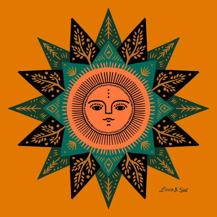 Sun Gratitude Print 8x8 featuring a stylized sun with a face surrounded by teal and black leafed rays on an orange field