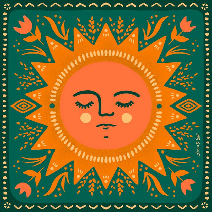 Square print of a sleeping sun with an orange face and closed eyes, surrounded by a jagged orange sunburst on teal.