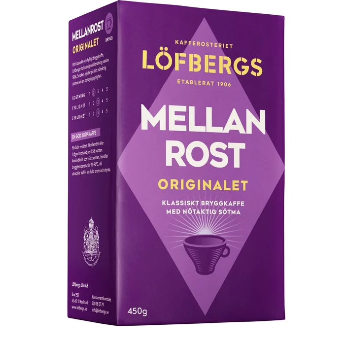 Löfbergs Mellanrost Originalet ground coffee 450g in purple packaging – classic Swedish medium roast brygg coffee established 1906, included in the Swedish Coffee Taste Box Small from Swedish Cravings