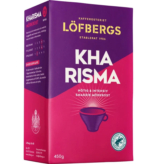 Löfbergs Kharisma ground coffee 450g in purple and pink packaging – nötig & intensiv Swedish dark roast brygg coffee, Rainforest Alliance certified, established 1906, included in the Swedish Coffee Taste Box Medium from Swedish Cravings