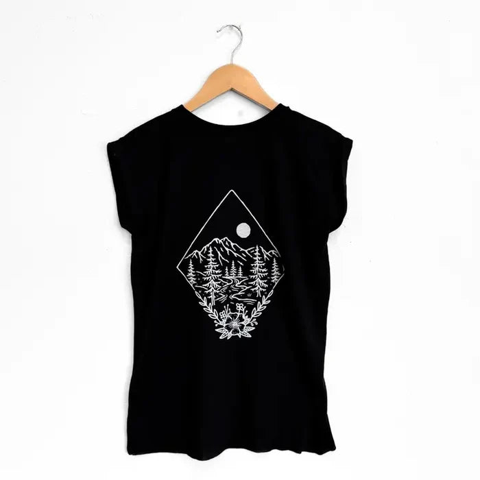 Black rolled sleeve flowy tee with a white diamond framed mountain landscape graphic on the front.