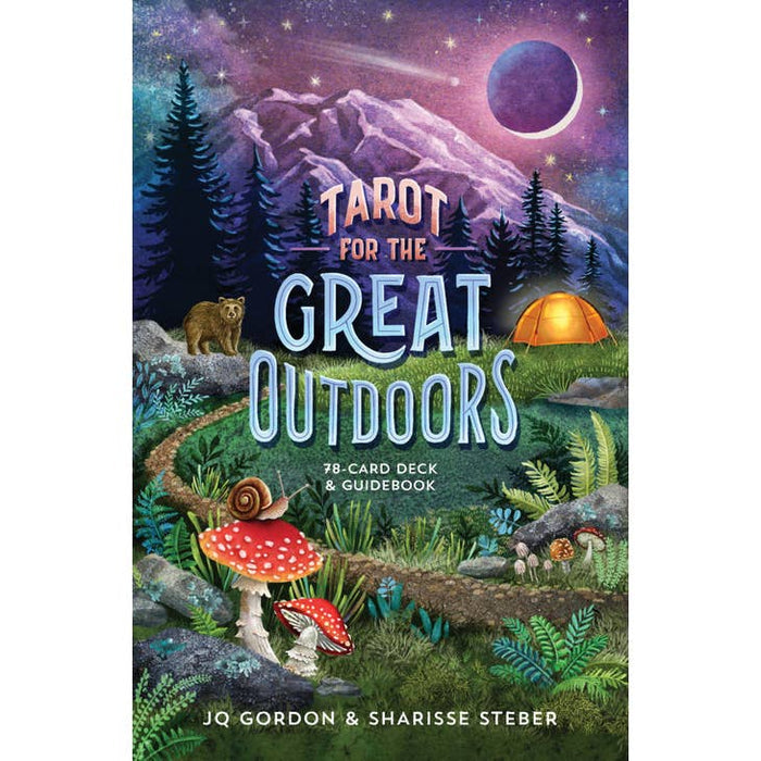 Tarot for the Great Outdoors deck cover with mountains pines a glowing tent and starry night sky