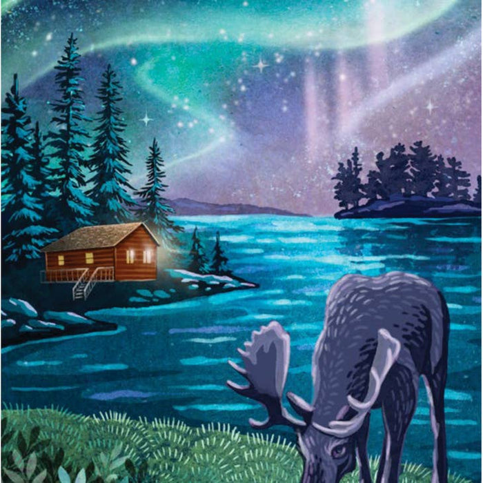 Nocturnal outdoors card showing a cabin by a lake beneath the aurora with a moose in the foreground