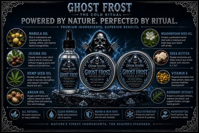 Ghost Frost The Cold Ritual – powered by nature perfected by ritual – premium ingredients superior results – marula oil antioxidants hydrates softens improves manageability, jojoba oil mimics natural oils moisturizes balances, hemp seed oil omega fatty acids nourishes strengthens, argan oil conditions softens reduces frizz, meadowfoam seed oil locks in moisture keeps beard soft, shea butter deeply moisturizes restores dry brittle beards, vitamin E protects repairs promotes healthier beard growth