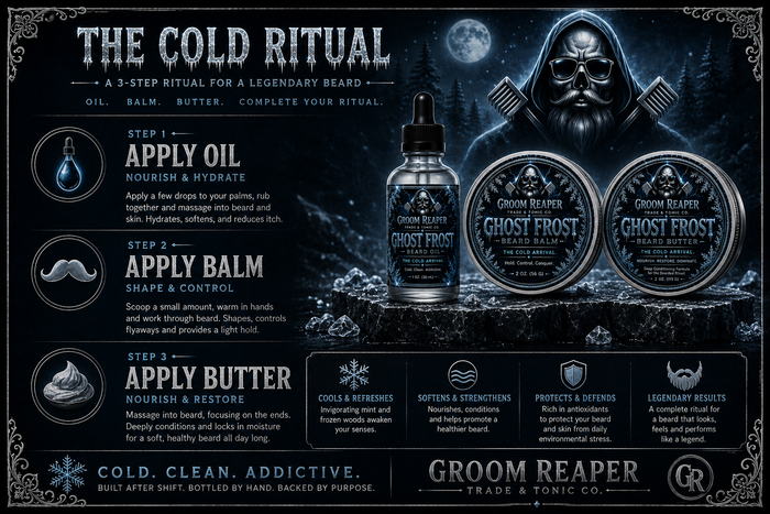 Ghost Frost The Cold Ritual – a 3-step ritual for a legendary beard – oil balm butter complete your ritual – step 1 apply oil nourish and hydrate apply drops to palms rub together massage into beard and skin hydrates softens reduces itch – step 2 apply balm shape and control scoop small amount warm in hands work through beard shapes controls flyaways provides light hold – step 3 apply butter nourish and restore massage into beard focusing on ends deeply conditions locks in moisture – cools and r