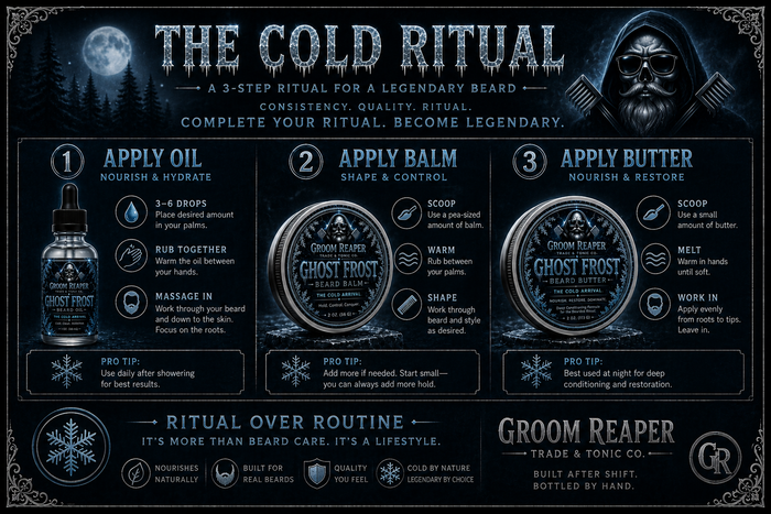Ghost Frost The Cold Ritual – a 3-step ritual for a legendary beard – consistency quality ritual complete your ritual become legendary – step 1 apply oil nourish and hydrate 3 to 6 drops place in palms rub together warm the oil massage in work through beard down to skin focus on roots pro tip use daily after showering for best results – step 2 apply balm shape and control scoop pea-sized amount warm between palms shape and style as desired pro tip add more if needed start small you can always ad