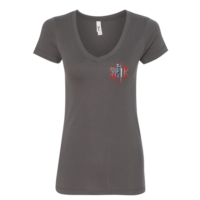 Thin White Line American Flag Women's V-Neck Shirt in grey