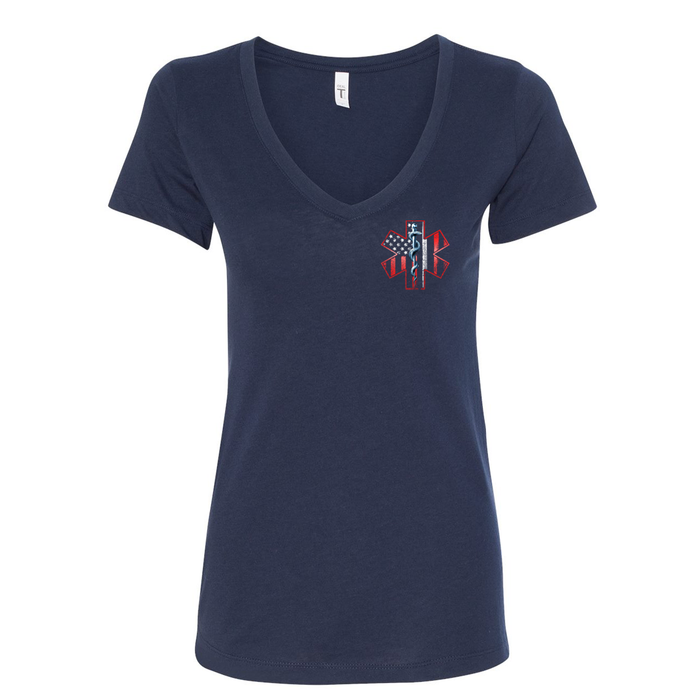 Thin White Line American Flag Women's V-Neck Shirt in navy