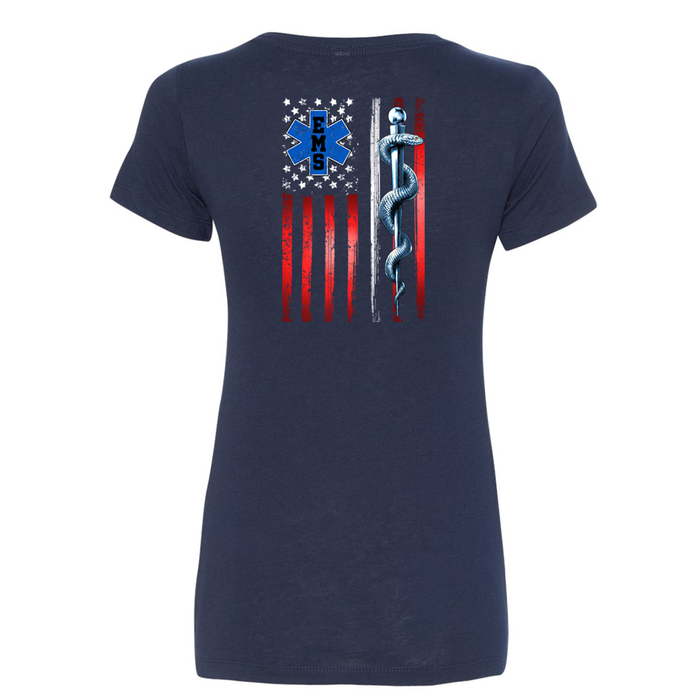 back of Thin White Line American Flag Women's V-Neck Shirt in navy