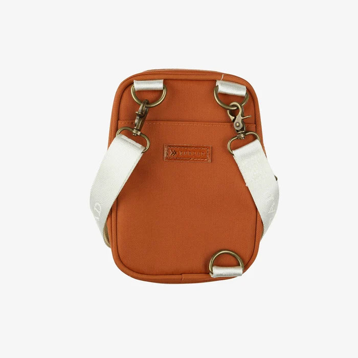 Orange Thread crossbody bag with white adjustable strap and brass hardware