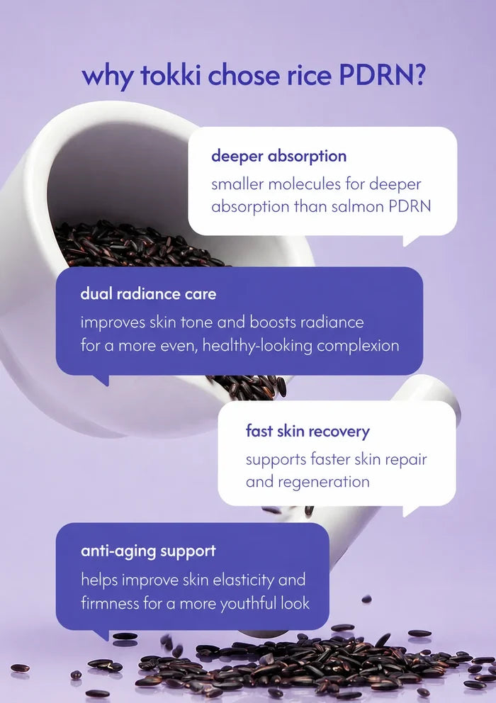 An informational graphic on a lavender background with the headline 'why tokki chose rice PDRN?' and a tipped white ceramic cup pouring dark rice grains onto a surface. Four white and blue speech bubbles explain benefits: deeper absorption, dual radiance care, fast skin recovery, and anti-aging support.
