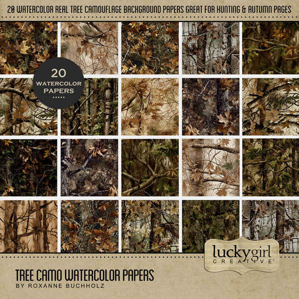 Whether you love nature walks while camping, watching woodland animals in the forest, or hunting in the fall, these watercolor 'realtree' papers by Lucky Girl Creative digital art will add the perfect background to your digital scrapbooking pages. This kit is NOT included in any bundle.