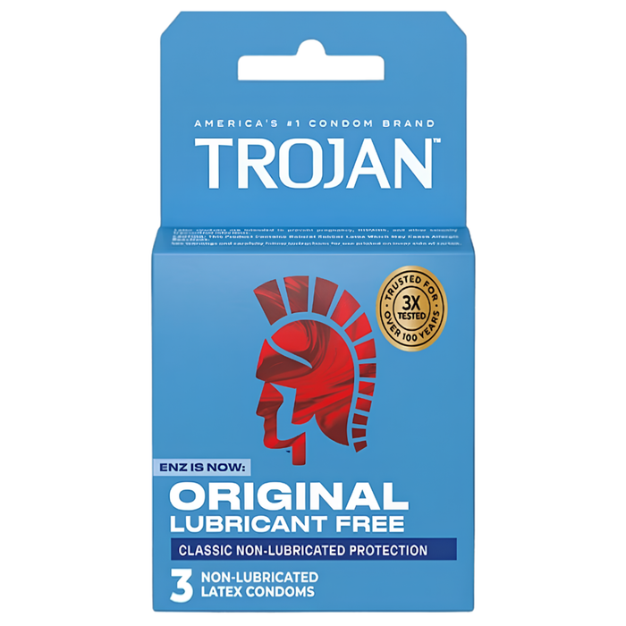Front view of a light blue Trojan condom box. It features a red Trojan helmet logo and states "ENZ IS NOW: ORIGINAL LUBRICANT FREE." At the bottom, it notes "3 NON-LUBRICATED LATEX CONDOMS.