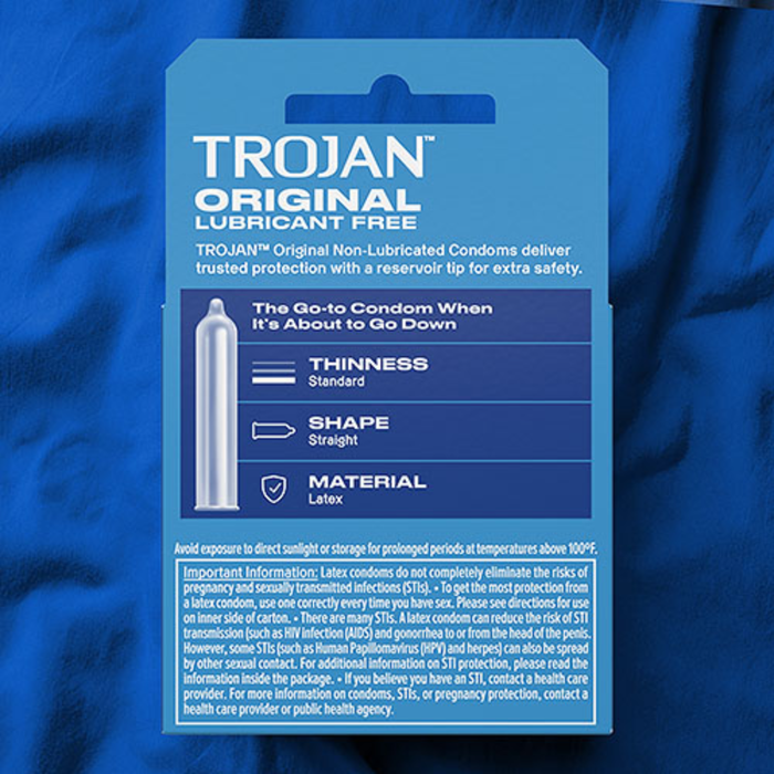 The back of the packaging showing product specs. It lists "THINNESS: Standard," "SHAPE: Straight," and "MATERIAL: Latex." It includes a diagram of a straight-walled condom with a reservoir tip.