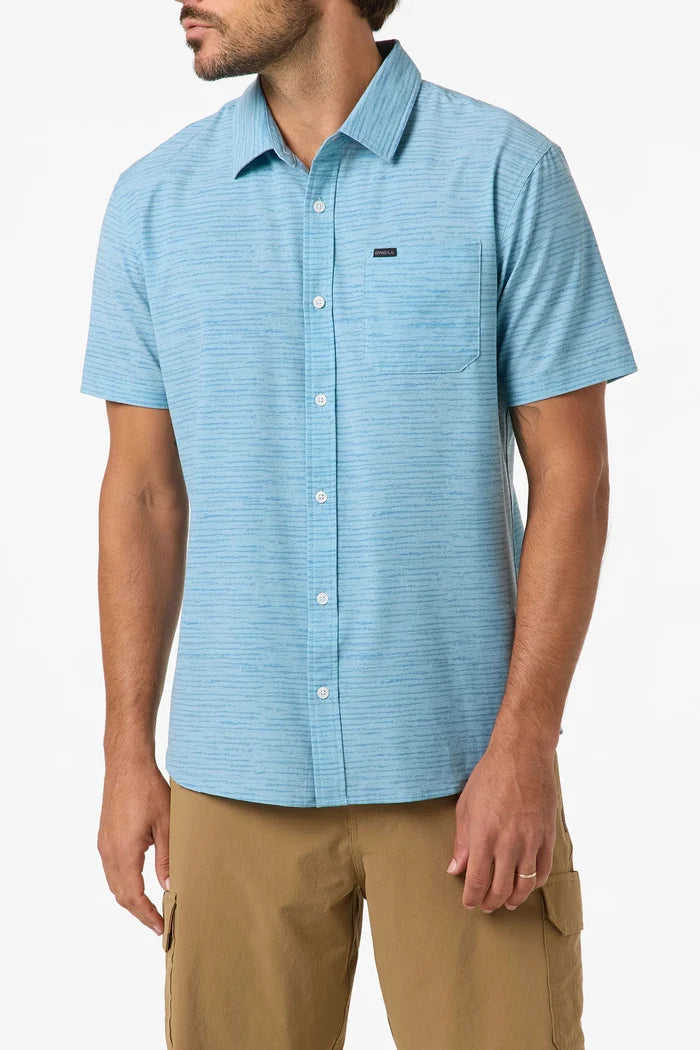 O'Neill TRVLR UPF Traverse Stripe Standard Fit Shirt blue striped men's woven shirt front view
