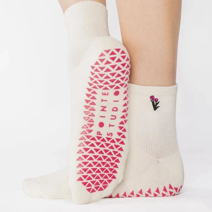 Tulips Ankle Grip Socks for Pilates & Yoga - White