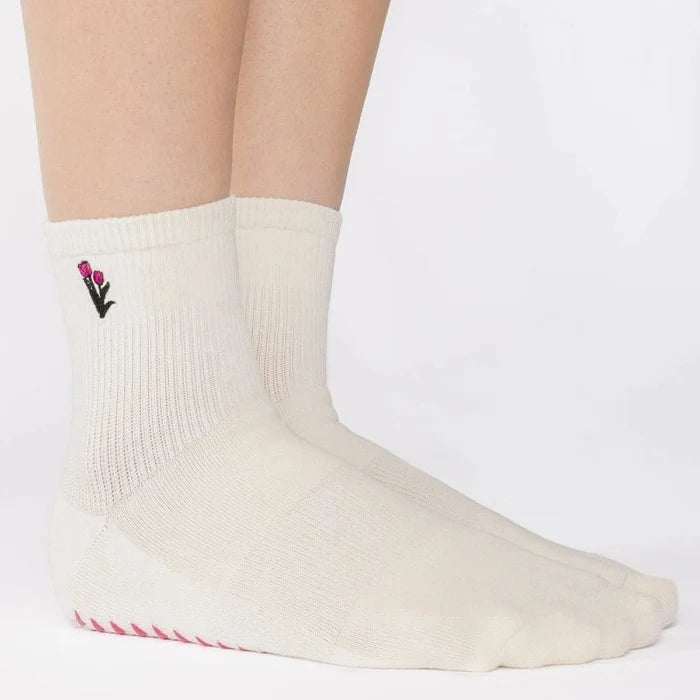 Tulips Ankle Grip Socks for Pilates & Yoga - White