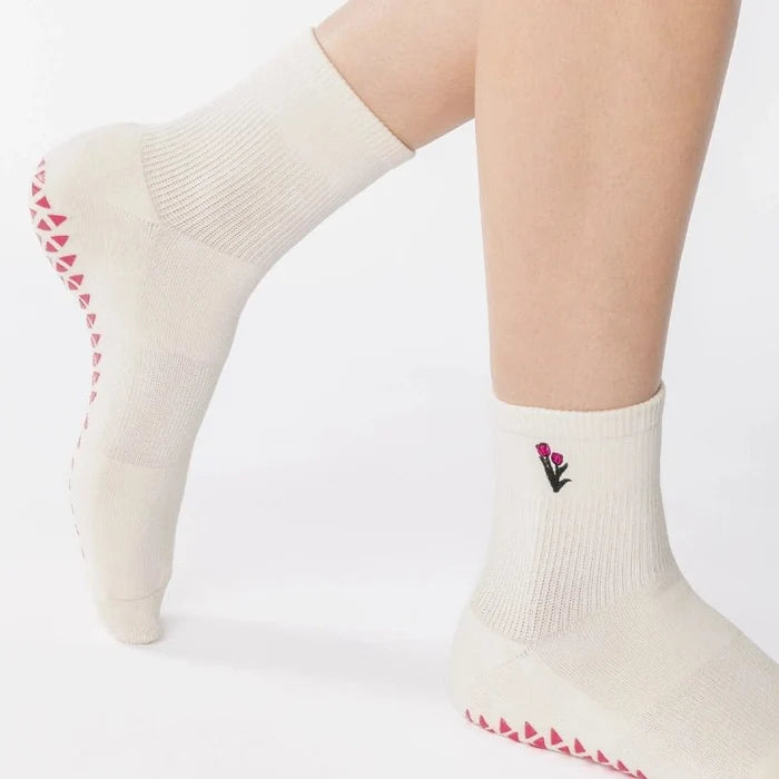 Tulips Ankle Grip Socks for Pilates & Yoga - White