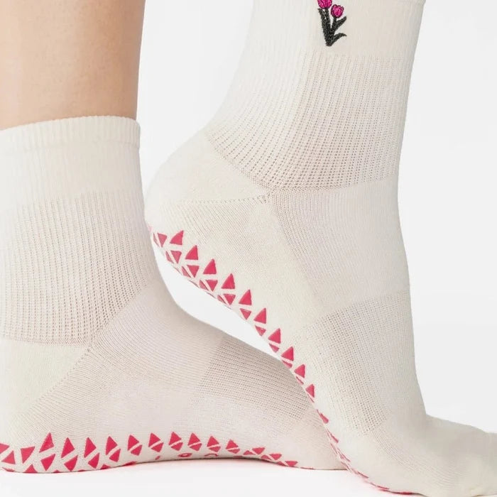 Tulips Ankle Grip Socks for Pilates & Yoga - White