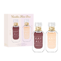 Two perfume bottles with gold caps and 'Kayali' branding, one in red and one in beige, next to their packaging on a white background.