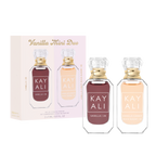Two perfume bottles with gold caps and 'Kayali' branding, one in red and one in beige, next to their packaging on a white background.