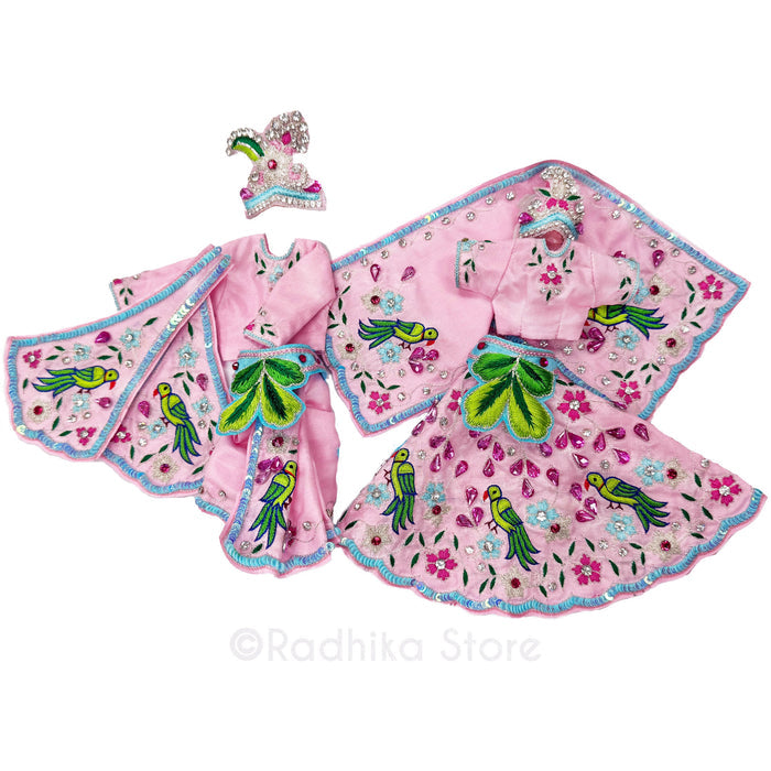 Vrinda’s Parrots - Baby Pink and Blue - Silk - Radha Krishna Deity Outfit