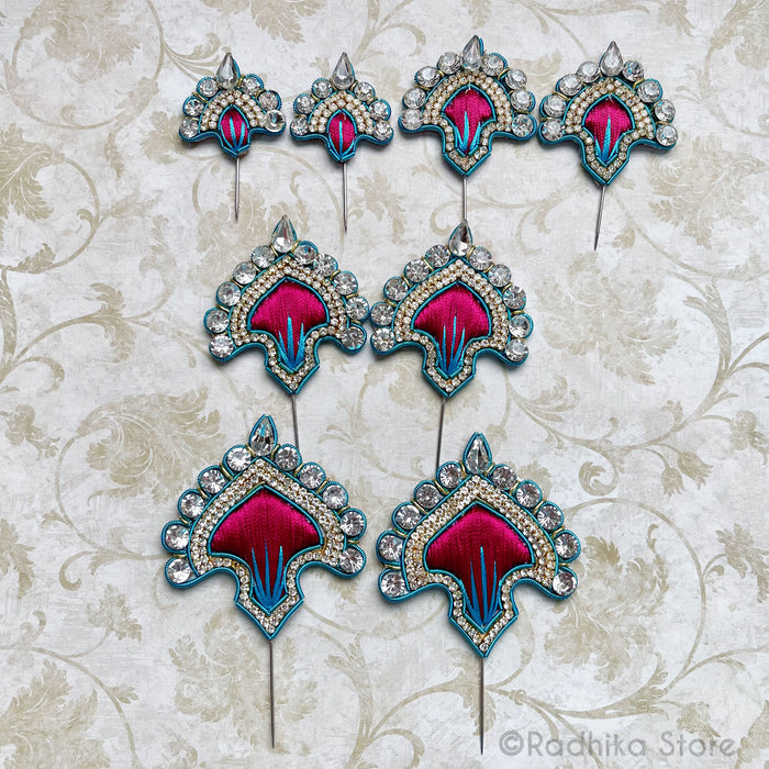 Vrindavan Fan - Bright Pink with Teal Metal - Embroidery Turban Pins Set of 2