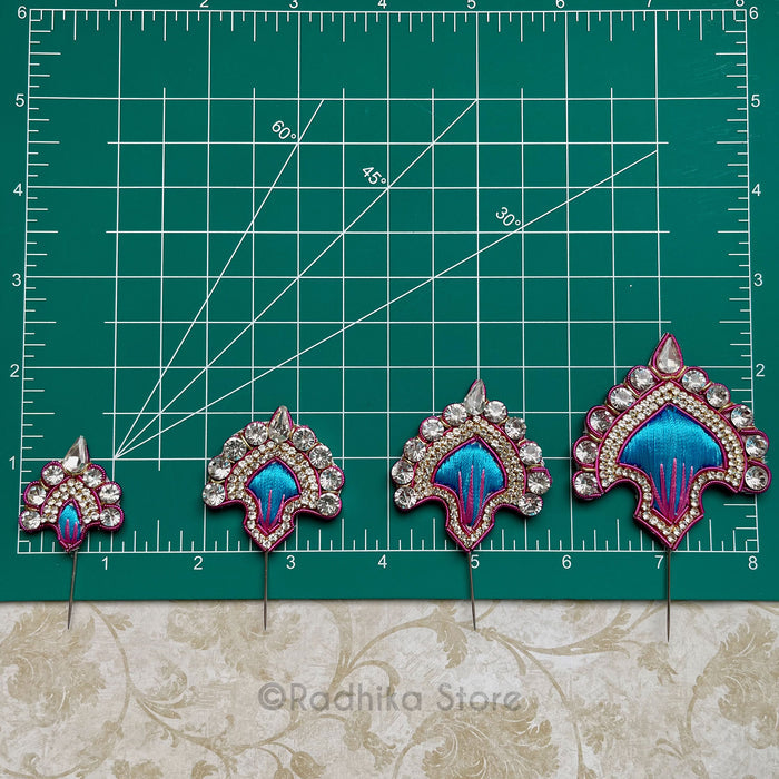 Vrindavan Fan - Bright Pink with Teal Metal - Embroidery Turban Pins Set of 2