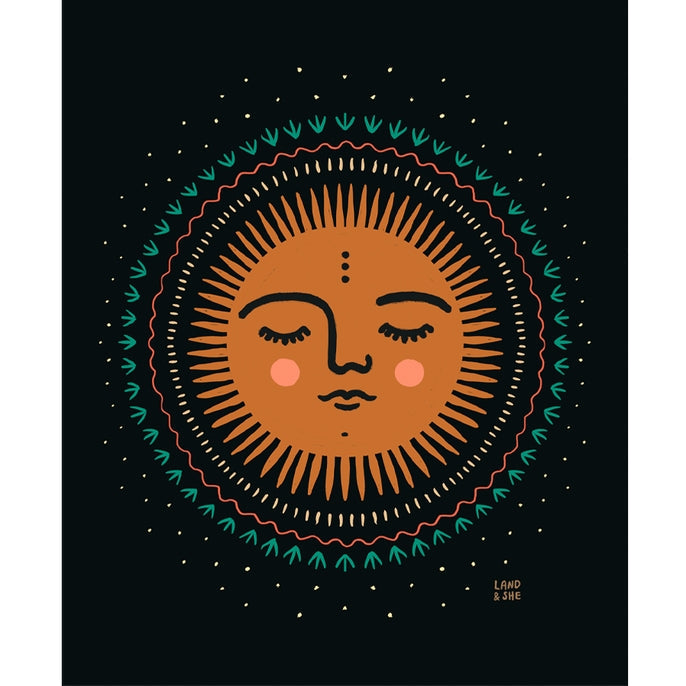 Waking Up Sun print 8x10 depicting a serene sun with closed eyes and radiating decorative borders on a black background