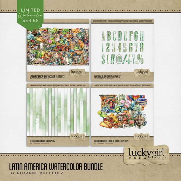 Add these beautiful watercolor embellishments, papers, cluster, and alpha set by Lucky Girl Creative digital art to all your digital scrapbooking pages to easily create memorable Latin American pages and albums of travel to Latin America! Great for vacations to Mexico, Belize, Costa Rica, El Salvador, Guatemala, Honduras, Nicaragua, Panama, Brazil, Argentina, Bolivia, Chile, Colombia, Ecuador, Guyana, Paraguay, Peru, Suriname, Uruguay, Venezuela, Cuba, Dominical Republic, Haiti, the Caribbean, and more.
