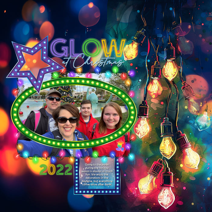 Sparkle and shine this holiday season with these brightly colored holiday light embellishments, frames, borders, papers, and alpha set by Lucky Girl Creative digital art for digital scrapbooking. Great for birthday and celebrations, too!
