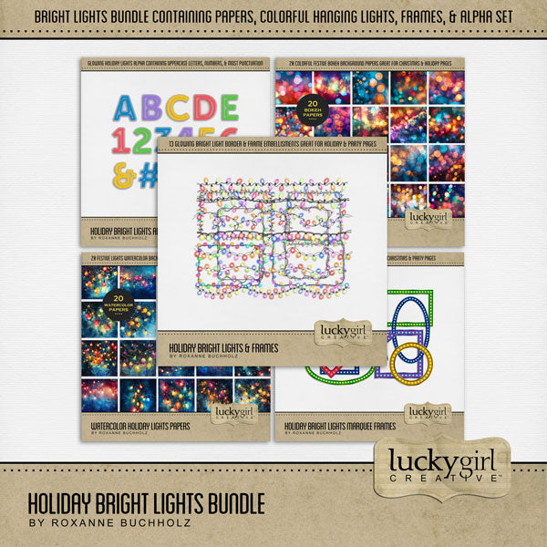 Sparkle and shine this holiday season with these brightly colored holiday light embellishments, frames, borders, papers, and alpha set by Lucky Girl Creative digital art for digital scrapbooking. Great for birthday and celebrations, too!