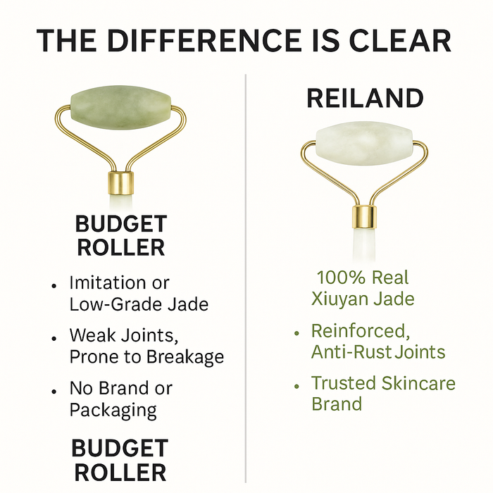 Comparison chart between a budget roller and REILAND's 100% real jade roller.