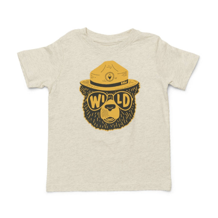 Beige toddler T shirt featuring a bold wild bear wearing a safari hat and sunglasses.