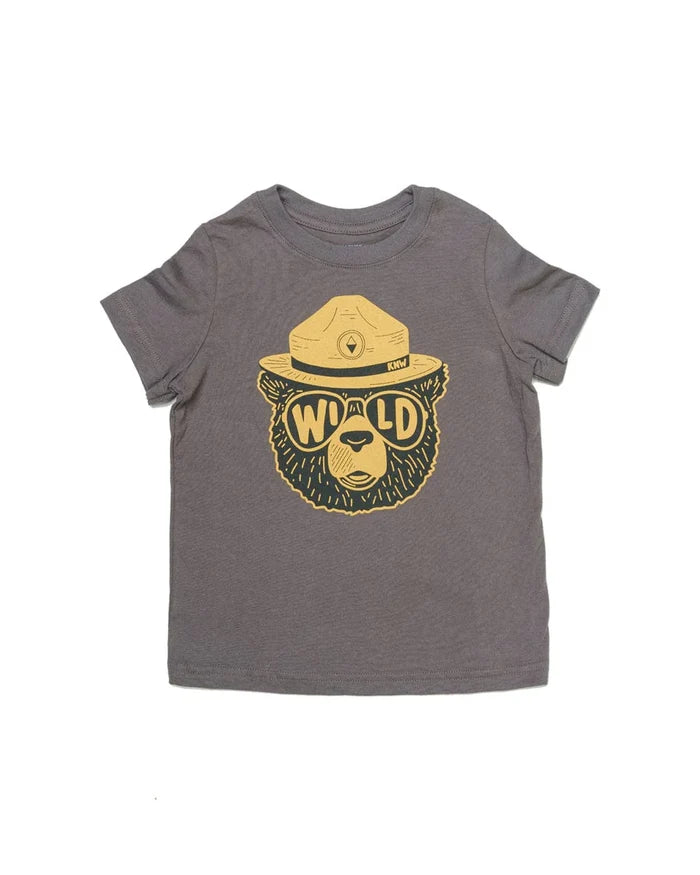 Gray toddler tee with a yellow bear wearing a hat and sunglasses graphic