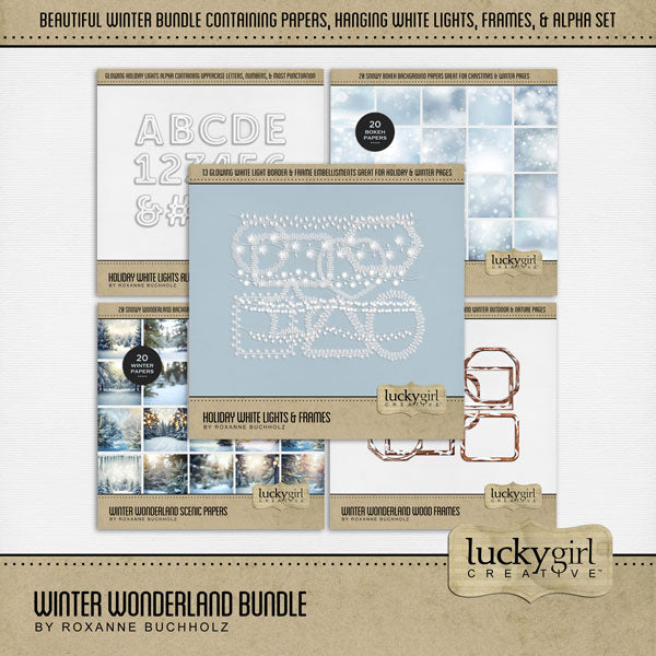 Sparkle and shine this holiday season with beautiful white Christmas light embellishments, scenic winter and bokeh papers, frames, and glowing white alpha set by Lucky Girl Creative digital art for digital scrapbooking. Great for winter sports, nature hikes, Christmas, the holidays, cabin vacations, and more.